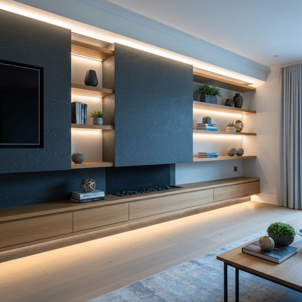 Media Wall Storage Reference by T Lefort Carpentry in Hertfordshire